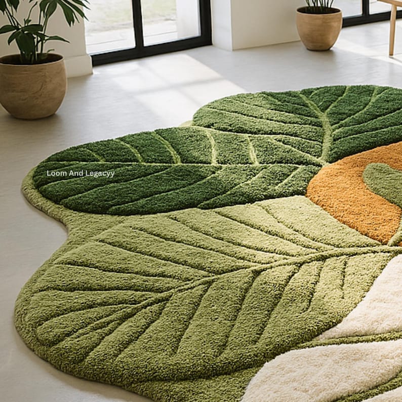Leafy Handmade Rug Hand Tufted Abstract Leaf Area Rug - Large Green Foliage Shaped Carpet ...