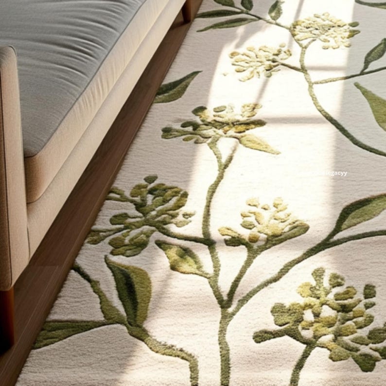 Shadow Botanical Rugs Hand Tufted Cream Botanical Area Rug - Green Vine Leaf Floral Carpet 3D ...