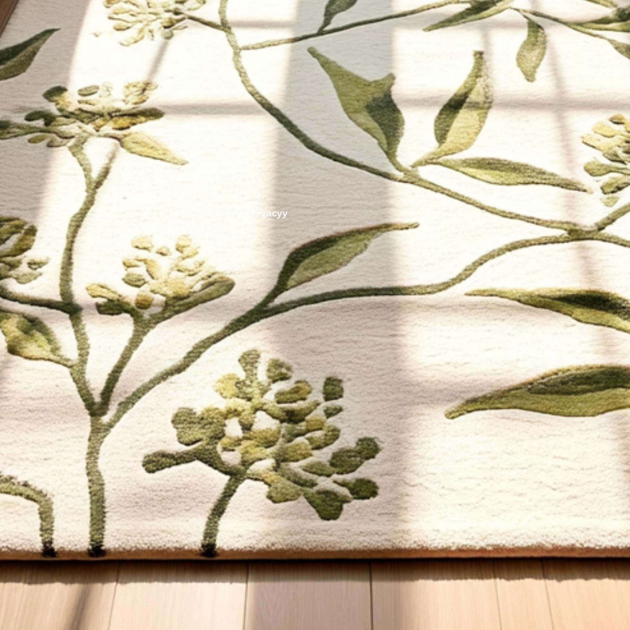 Hand Tufted Cream Botanical Area Rug - Green Vine Leaf Floral Carpet 3D ...