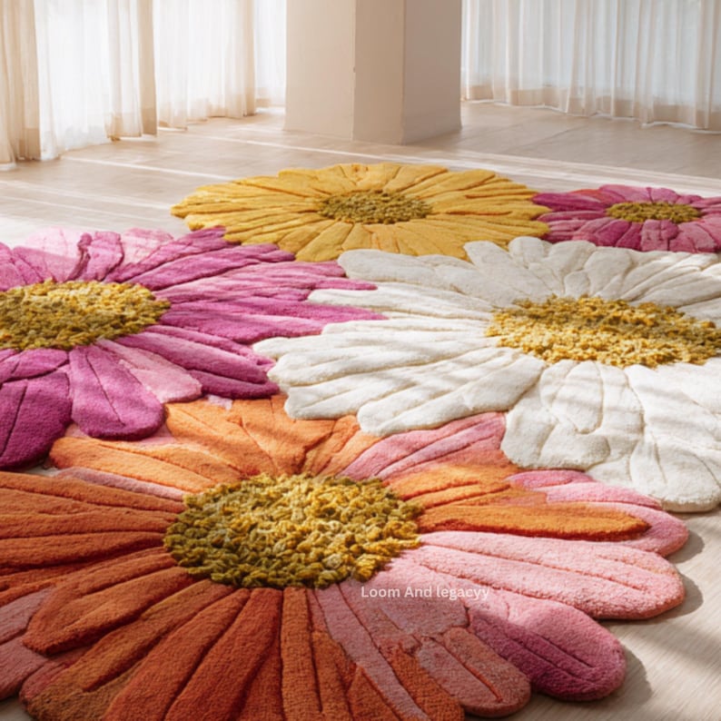 Hand Tufted Daisy Floral Area Rug - Large Multi Color Flower Petal ...