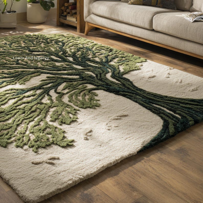 Forest Throw Rug Hand Tufted Tree of Life Area Rug - Green Botanical Forest Branch ...
