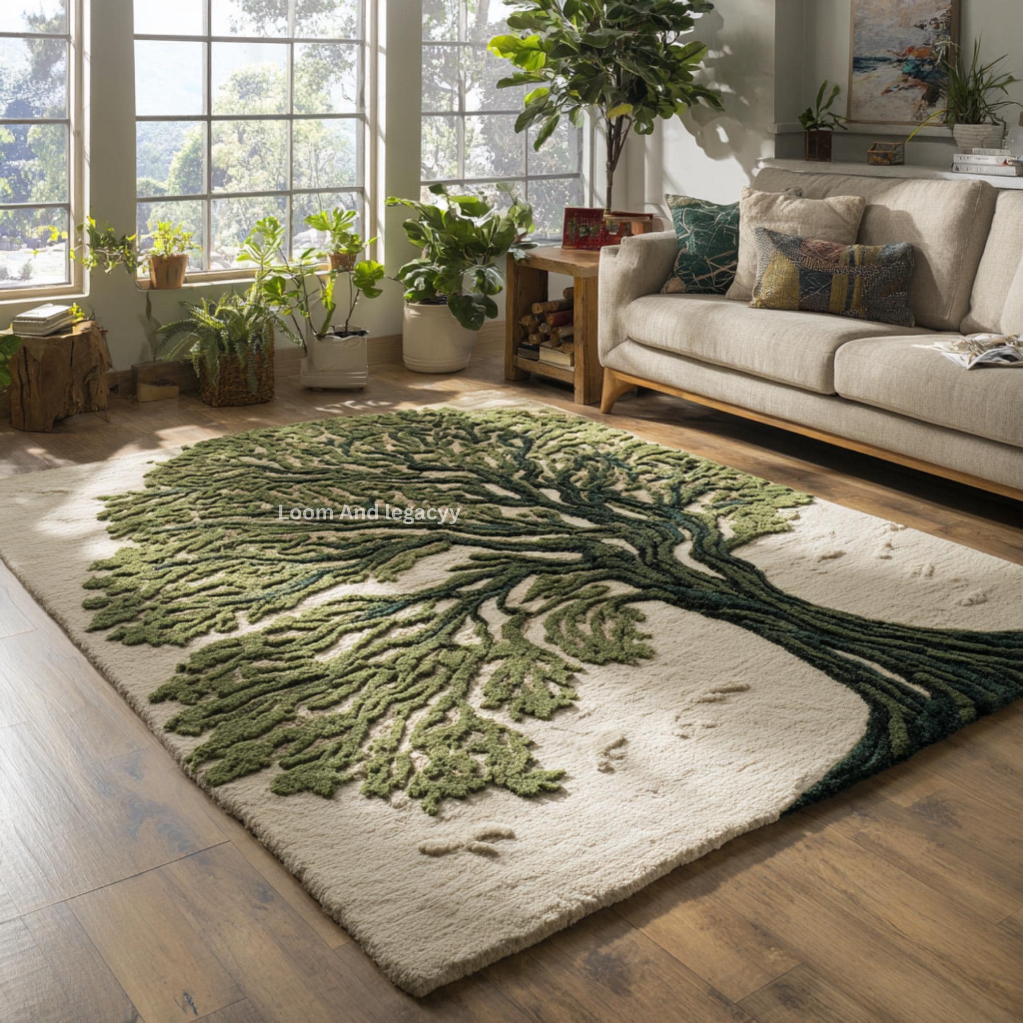 Tree Design Rugs Hand Tufted Tree of Life Area Rug - Green Botanical Forest Branch ...
