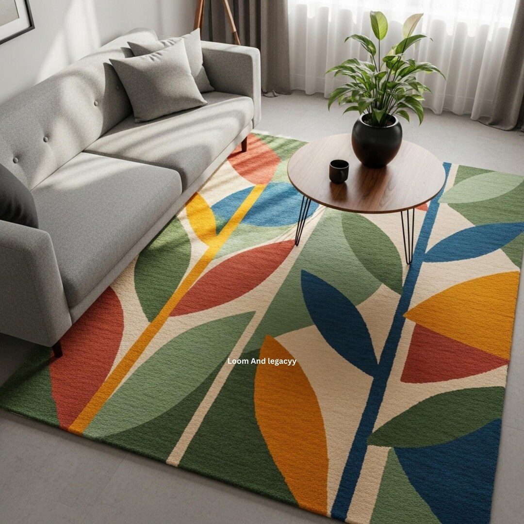 Abstract Leaf Pattern Area Rug Botanical Abstract Hand Tufted Wool Rug, Modern Leaf Pattern Area Rug ...
