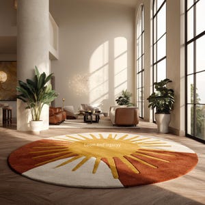 Golden Yellow & Rust Orange Sun Rug | Circular Wool Modern Decor