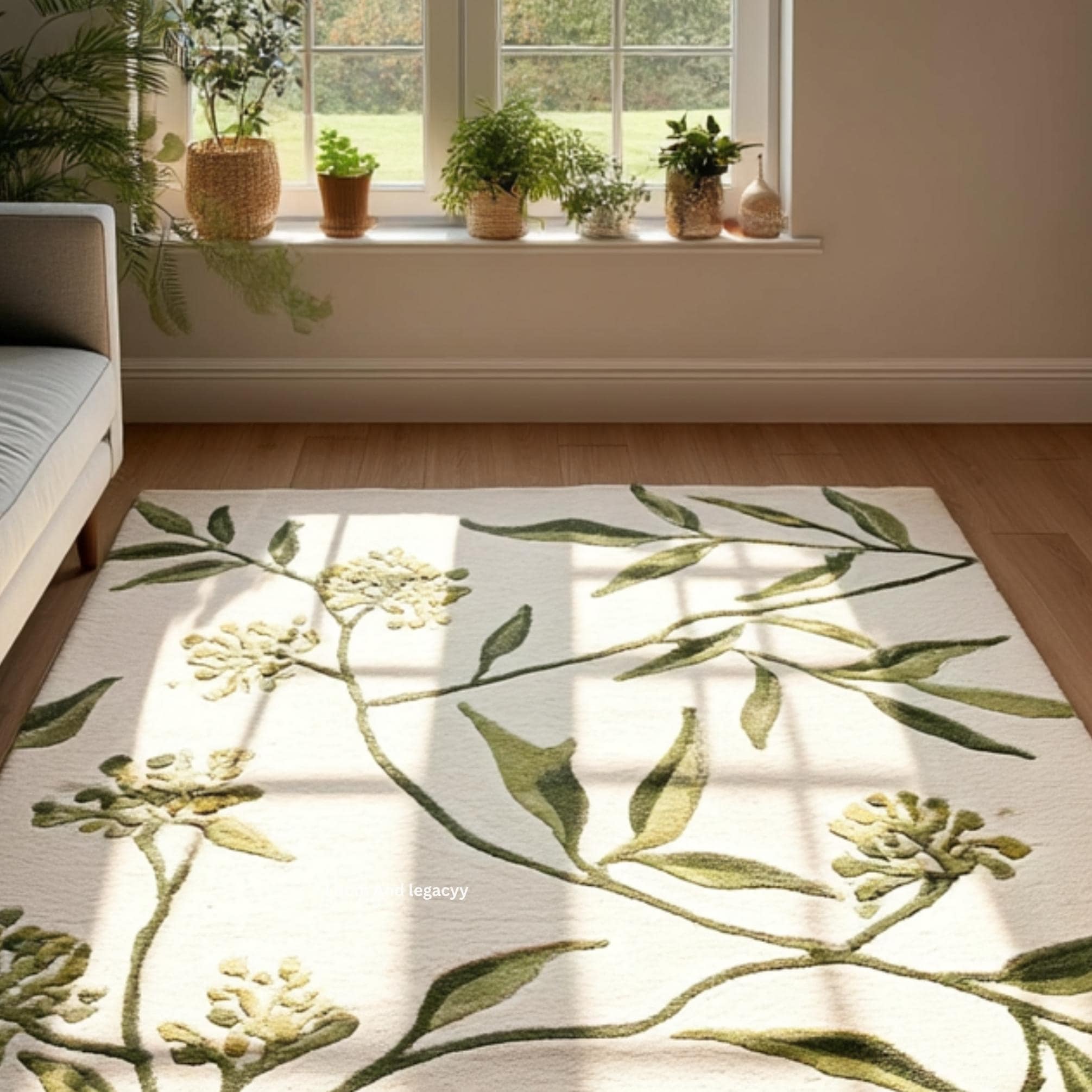 Plant Rug Hand Tufted Cream Botanical Area Rug - Green Vine Leaf Floral Carpet 3D ...
