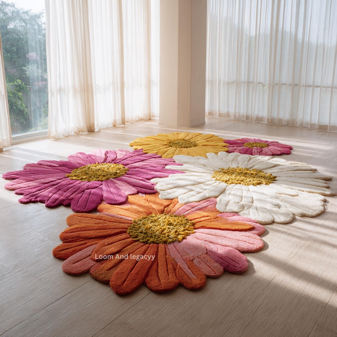 Hand Tufted Daisy Floral Area Rug - Large Multi Color Flower Petal ...