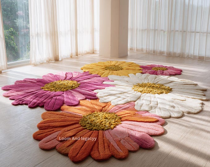 Hand Tufted Daisy Floral Area Rug - Large Multi Color Flower Petal Shaped Carpet - Soft Woolen Living Room Mat - Bohemian Home Decor Accent