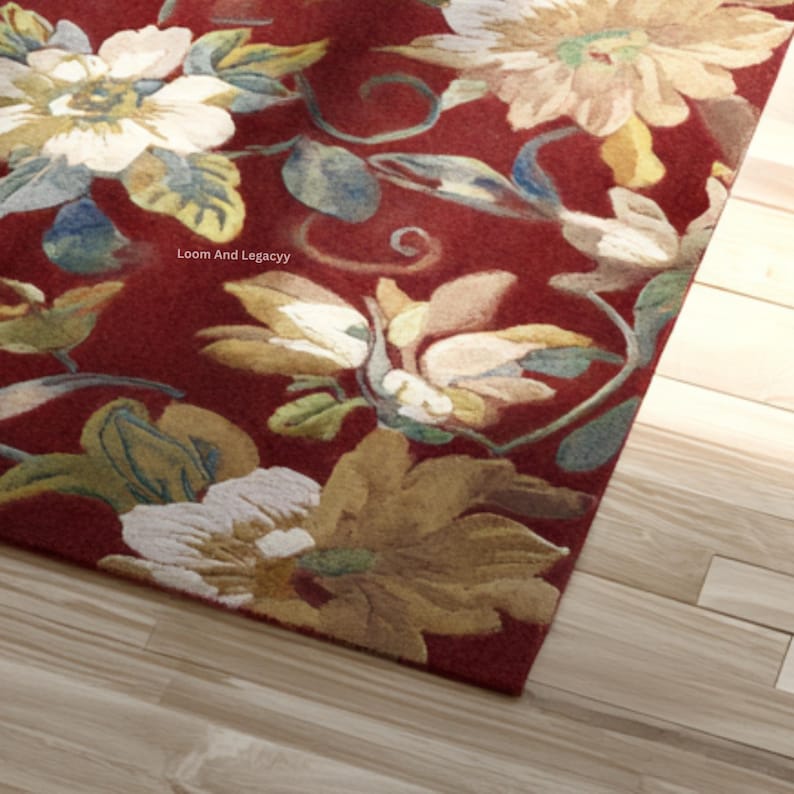Red Floral Wool Rug | Hand-tufted Botanical Area Rug - Etsy