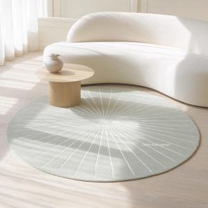 Runder skulpturaler Wollteppich | Salbeigrüner Sunburst Handgetufteter Teppich | Minimalistisches modernes Wohnzimmer Dekor | Benutzerdefinierte Größe Wollteppich