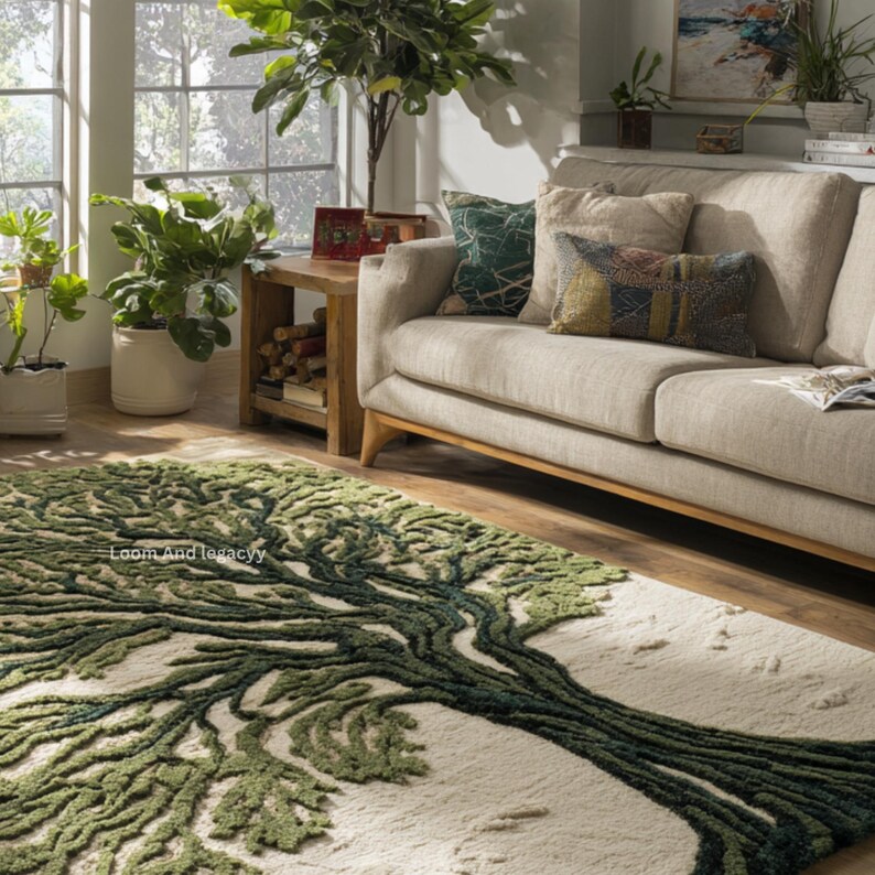 Tree Rug Modern Hand Tufted Tree of Life Area Rug - Green Botanical Forest Branch ...