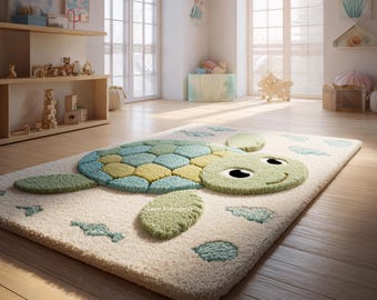 Op de afbeelding: Een rechthoekig, crèmekleurig vloerkleed met een groot, vriendelijk schildpadontwerp. De schildpad heeft een groene kop en vinnen, een blauw en gele schild en zwarte ogen. Het vloerkleed is ongeveer 122 cm lang.