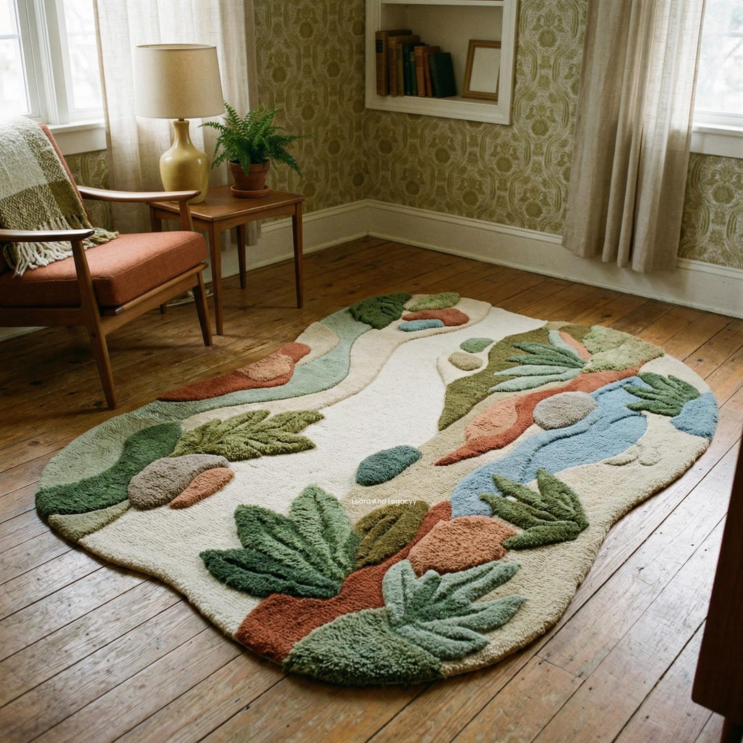 Abstract Botanical Shape Rug Hand Tufted Wool Organic Nature Inspired ...