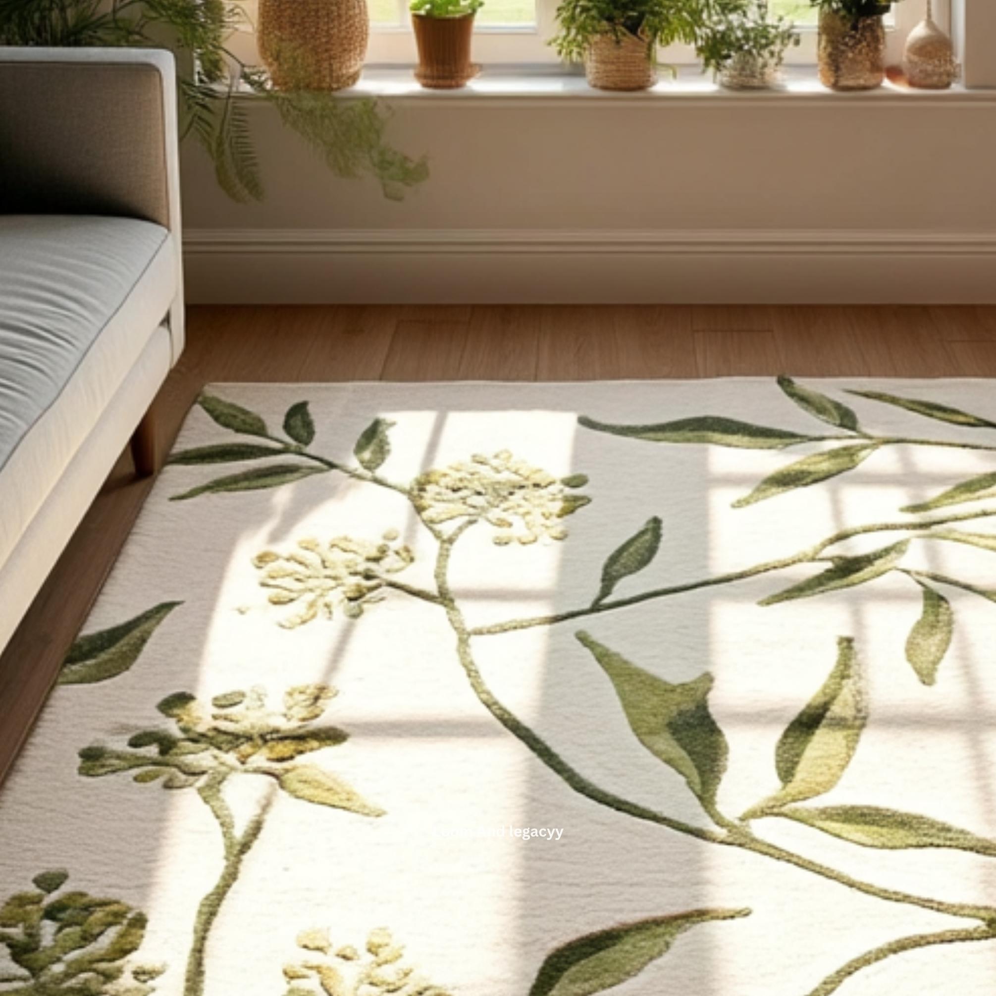 Hand Tufted Cream Botanical Area Rug - Green Vine Leaf Floral Carpet 3D ...