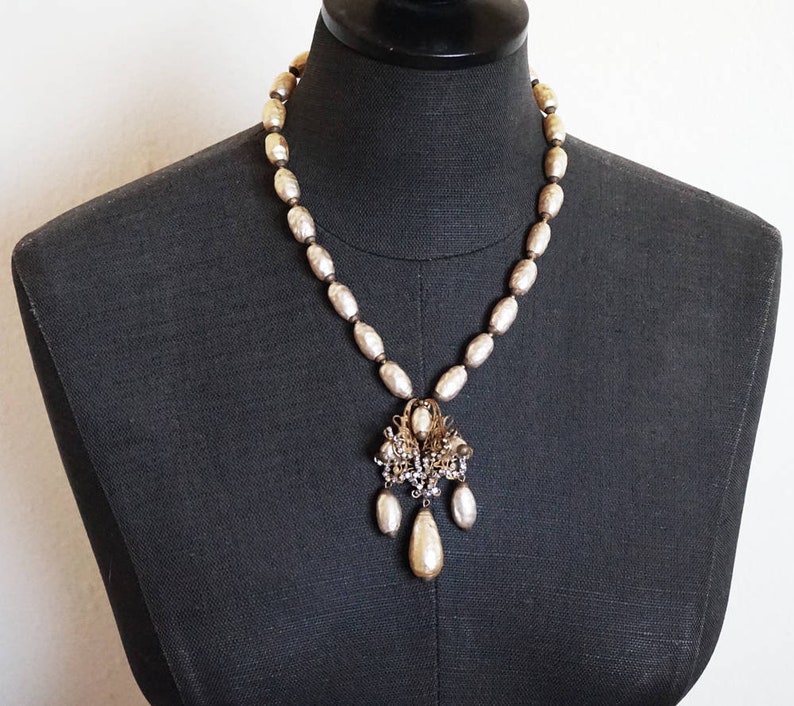 Miriam Haskell Baroque Pearl Antiqued Gold Tone and Rhinestone Pendant Necklace