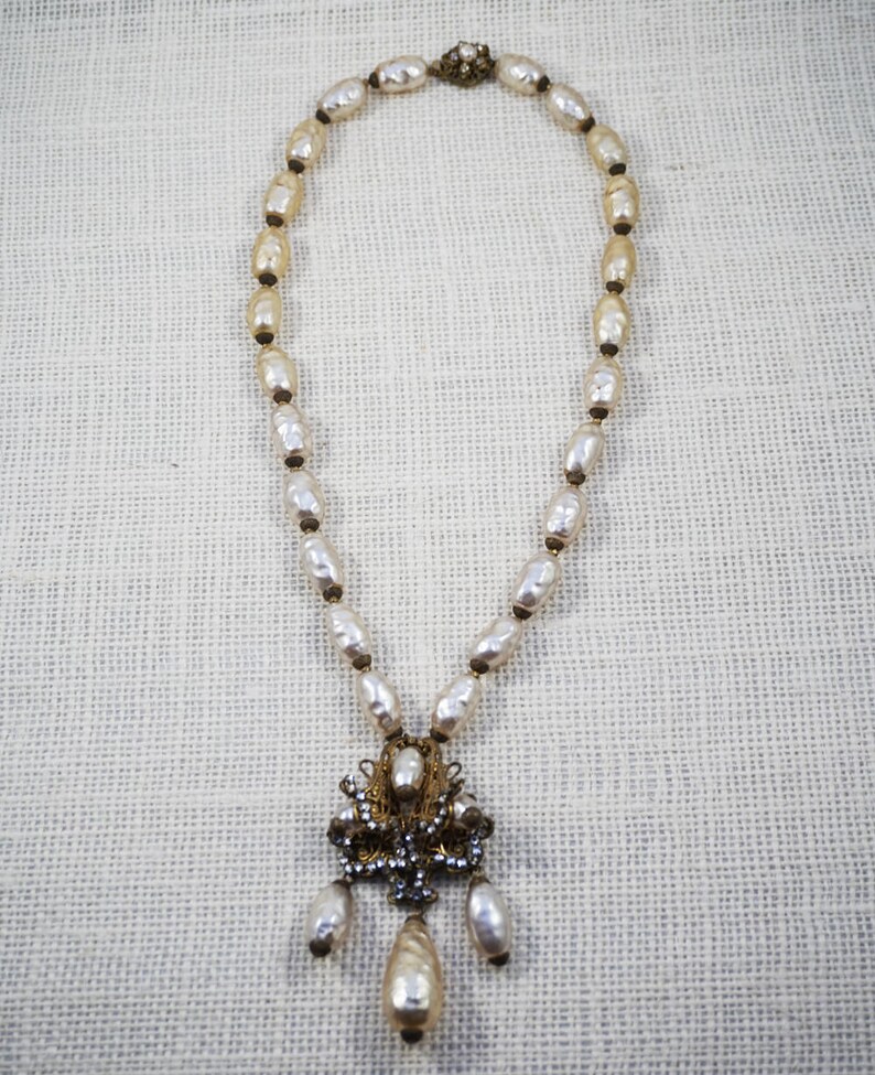 Miriam Haskell Baroque Pearl Antiqued Gold Tone and Rhinestone Pendant Necklace