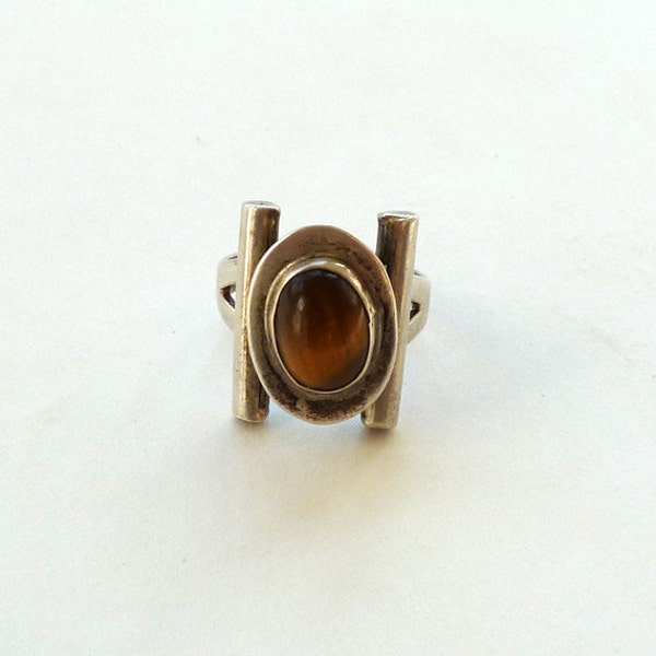 Modernist Tiger Eye Mexico Silver Poison Ring