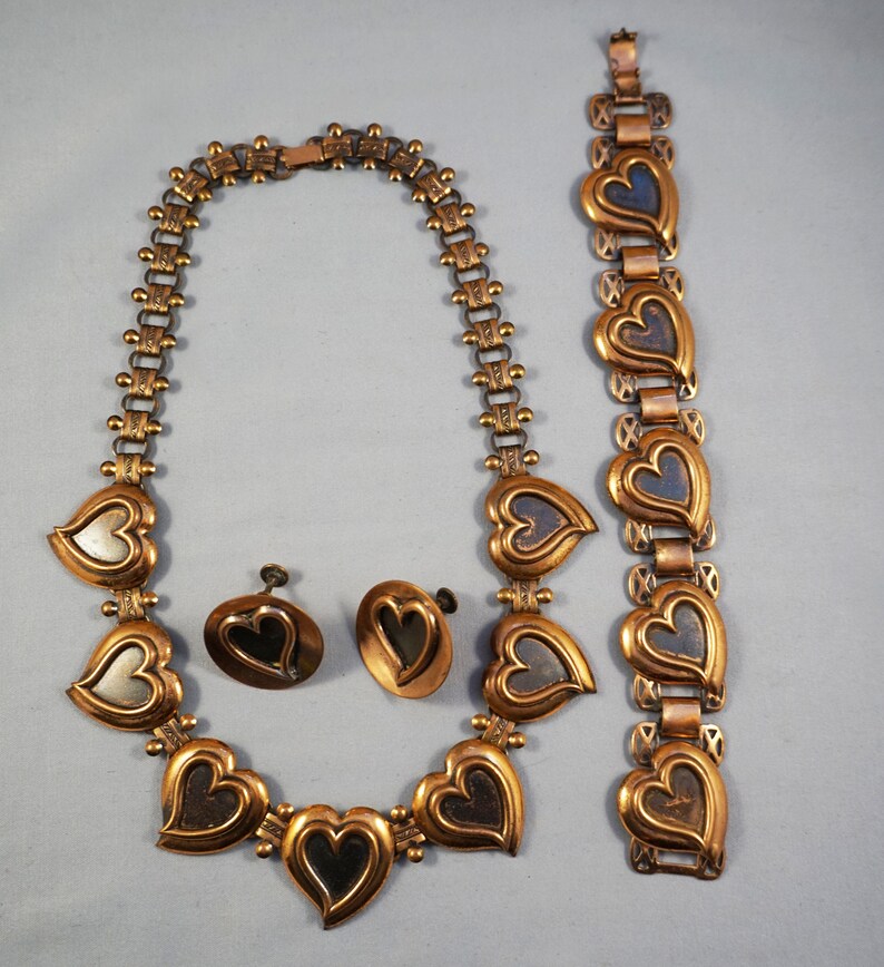 Vintage 1950/'s Copper Heart Book Link Necklace Bracelet and Earring Parure Set
