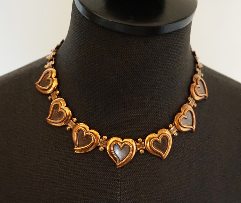 Vintage 1950/'s Copper Heart Book Link Necklace Bracelet and Earring Parure Set