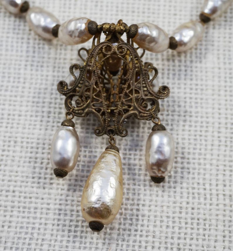 Miriam Haskell Baroque Pearl Antiqued Gold Tone and Rhinestone Pendant Necklace
