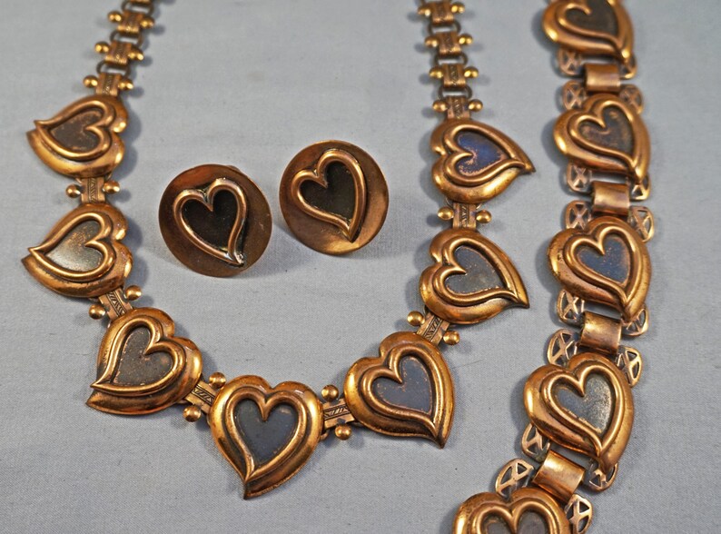 Vintage 1950/'s Copper Heart Book Link Necklace Bracelet and Earring Parure Set