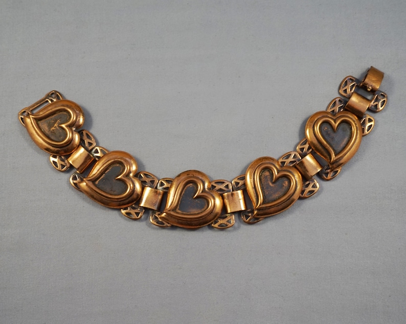 Vintage 1950/'s Copper Heart Book Link Necklace Bracelet and Earring Parure Set