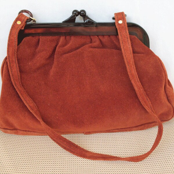 1960's Rust Brown Orange Suede and Tortoise Shell Lucite Purse