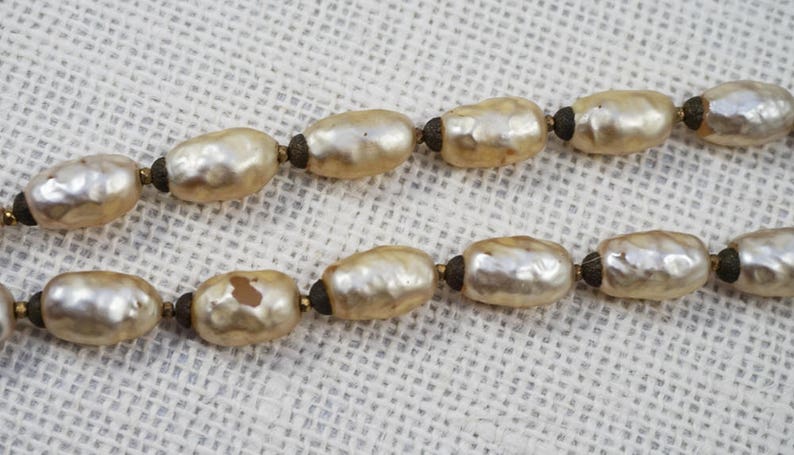 Miriam Haskell Baroque Pearl Antiqued Gold Tone and Rhinestone Pendant Necklace