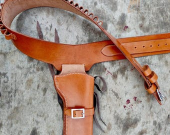Cow Boy Custom Leather Rigs Cartridge Belt With Holster .22 .357 .38 .44 .45 & 12 Guage