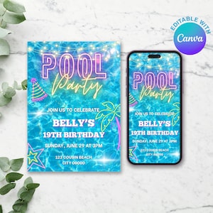 Pool Party Birthday, Invitation, digital summer pool party, smartphone invitation, summer swim party invite, editable
