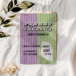 Freaky Friday Birthday Invitation, Editable Rock Concert Theme Party Invite, Tween Teen Movie Night Birthday, Purple Green, Canva template