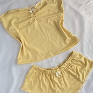 Coquette Bunny Pajama Set: Pastel Yellow Tube Top & Shorts