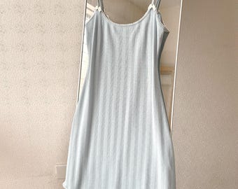 Ribbed Cotton Slip Dress: Soft Lace Trim, Bow Straps, Pastel Blue