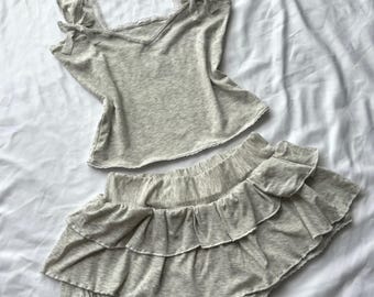 Coquette Gray Cotton Pajama Set – Ruffle Dress & Camisole