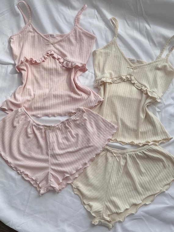 Cotton Coquette Pajama Set - 4 Way Stretch Lace Lounge Wear for Women