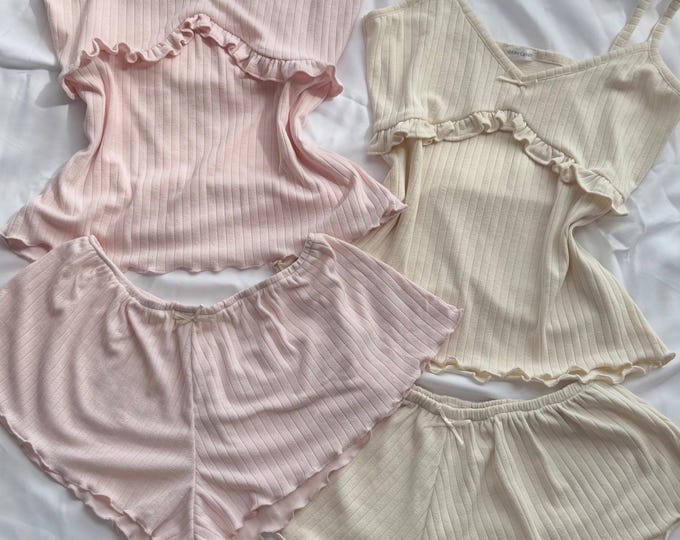 Cotton Coquette Pajama Set - 4 Way Stretch Lace Lounge Wear for Women