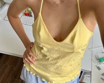 Butter Yellow Halter Cami, Tie Back Babydoll Summer Top, Soft Stretch Cotton