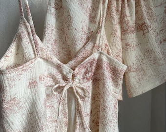 Muslin Two-Piece Set, Vintage Print Bow Cami Top & Matching Shorts