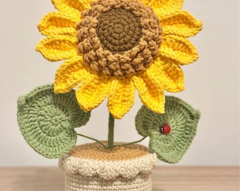 Handgemaakte gehaakte zonnebloem in pot - Forever Flower & Desk Decor - cadeau voor haar | Gebreide plant