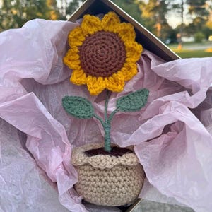 Op de afbeelding: Een handgemaakte gehaakte zonnebloem met een bruin hart en gele bloemblaadjes, groene bladeren en een beige pot. De zonnebloem wordt gepresenteerd in een geschenkdoos met roze vloeipapier. Het handwerk is gedetailleerd en de kleuren zijn levendig.