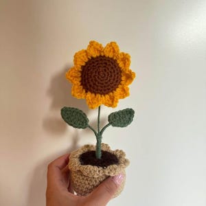 Op de afbeelding: Een handgemaakte gehaakte zonnebloem in een kleine pot. De zonnebloem heeft gele bloemblaadjes en een bruin hart. De groene bladeren en stengel komen uit een beige pot gevuld met bruin materiaal. De pot wordt door een hand vastgehouden.