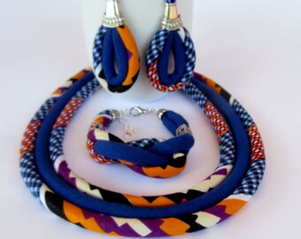 Cobalt-Blue Kente Set - African Jewelry  Earrings Bracelet Necklace Set