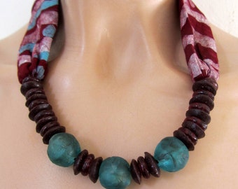 Scarf necklace/ hand dyed fabric necklace/ hypoallergenic jewelry / recycle glass beads/ecofriendly