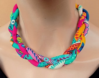 Pink wax print necklace - Bib braided Choker - African fuchsia neck piece