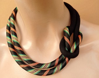 Infinity Knot Necklace - Black fabric Jewelry - Short Minimal statement Jewelry - Golden Striped Fabric Bib necklace