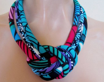 Chunky Knot necklace set - Multicolor Statement necklace- Turquoise, Purple, and Pink Fabric Necklace