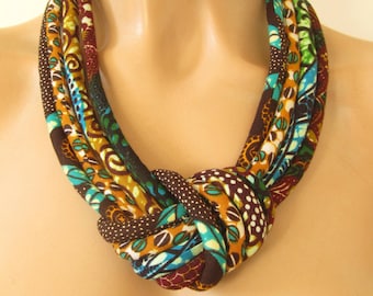 long Ethnic Necklce - Brown Fabric Necklace - Chunky Knot Jewelry