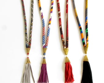 Slip on jewelry - long fabric necklace - Genuine leather tassel - stylish jewelry