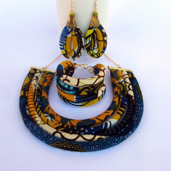 Ensemble de bijoux d’Ankara - collier africain jaune de tissu de cire- ensemble tribal de bijoux