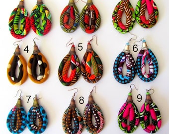 Blue, brown, green - African Oval Earrings - Kente Print Earrings - Mud cloth Tribal Earrings -