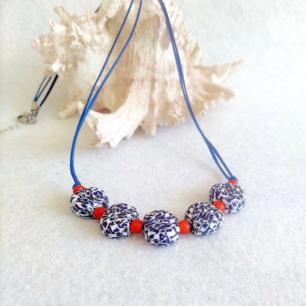 Earth Conscious Jewelry - Recycled Glass Necklace - Royal Blue and Orange